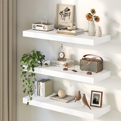Image of Fun Memories 12 Inch Deep White Floating Shelf, 24 x 12 Rustic Wood Wall Shelf for Books, 2 inch Thick Deep Floating Shelf for Storage & Display in Kitchen, Living Room, Bedroom, 2 Packs