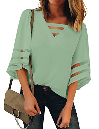 LookbookStore St Patricks Day Shirt for Women Green Tops Festive Saint Patrick's Day Outfits Bell Sleeve Blouse Mint Green Loose Shirts Size Large Size 12 14