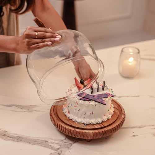 Image of Dessert Deck acacia Wood Cake Stand with Glass Dome | Round Wooden Cake Stand | Serving Plate for Wedding Birthday Parties | Pastry Display