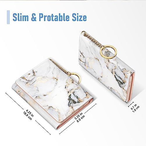 Image of Rouidr Womens Wallet, Small Slim RFID Card Wallets for Women, Cute Front Pocket Trifold Leather Card Organizer with 7 Slots & ID Window, Gray Gold Marble