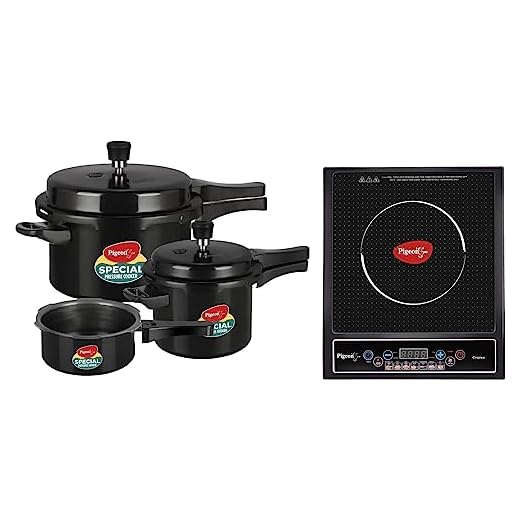 Pigeon by Stovekraft Hard Anodised Aluminium Pressure Cooker Combo - 2 L, 3 L and 5 L Induction Base Outer Lid Cooker (14414, Black) & Pigeon by Stovekraft Cruise 1800 watt Induction Cooktop (Black)