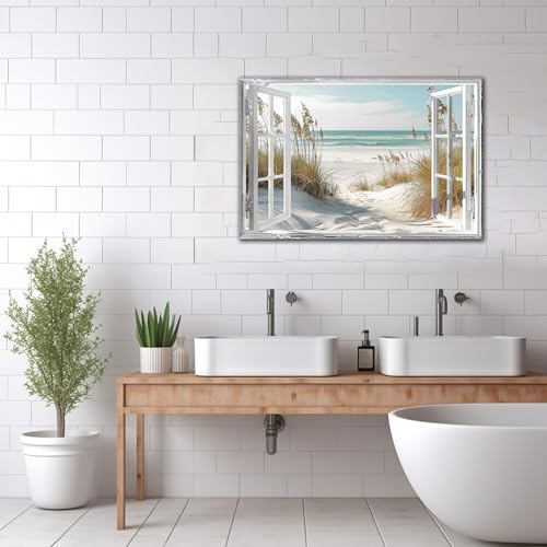 Beach Window Canvas Wall Art, Relaxing Bedroom Living Room Blue Ocean Coastal Scene Picture, Modern Tropical Sea Landscape Painting Print Decor Horizontal Summer Seascape Artwork for Home 32"x48" - Image 3