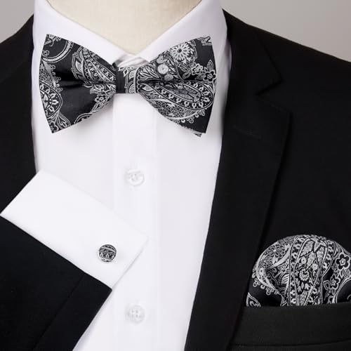 Image of HISDERN Bow Ties for Men Pretied Bow Tie Set Paisley Classic Bowties and Pocket Square Cufflinks Set for Wedding Party