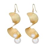 Pendientes de perlas en forma de abanico irregular para mujeres, diseño de onda de doble capa, ganchos de oreja hipoalergénica livianos para diario, oficina, desgaste de fiesta