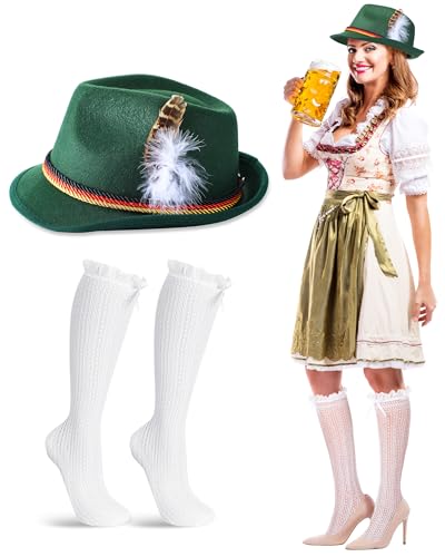 Hercicy 2 Pcs Oktoberfest Hat Socks Women Felt German Hat with Feather Bavarian Knee Lederhosen Compression Socks Cosplay (Lace Hollow Lace)
