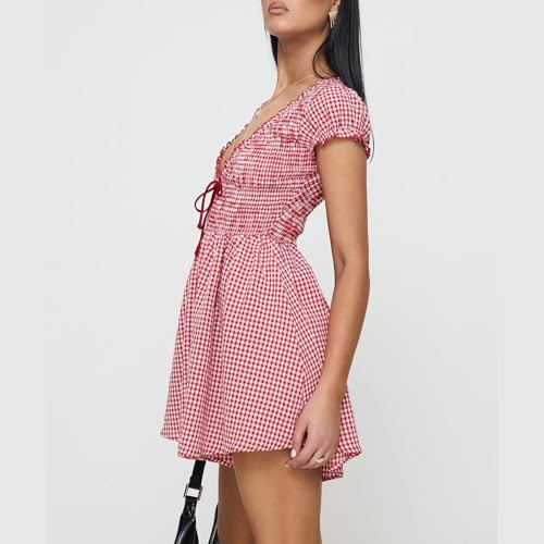 Image of Women Cute Babydoll Dress Romper Plaid V Neck Smocked Flowy Mini Romper Dress Gingham Ruffle Cap Sleeve Short Sundress