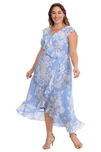 London Times Women's Chiffon Faux Wrap Ruffle Maxi Dress Guest Of Wedding, Dellarobia Blue/Soft White #TOP5