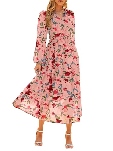 Simplee Women\'s Floral Boho Long Sleeve Maxi Dress V Neck Empire Waist Swing Flowy Wedding Guest Dress Pink Floral L