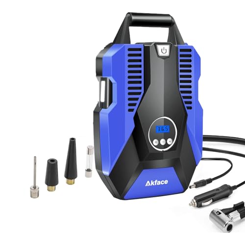 Akface Tire Inflator Portable Air Compressor 150 PSI, 12V DC Air Pump with Carring bag - w/LED Light- Auto Shut Off Feature, Air Pump for Car,Bike,Balloon, Blue