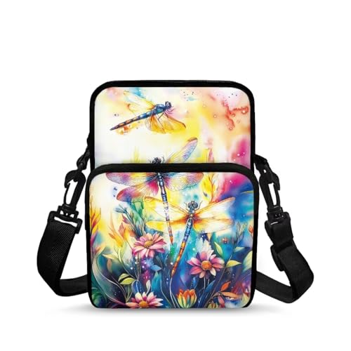 Ecaestolph Watercolor Dragonfly Daisy Crossbody Bag with Front Pocket Messenger Bags for Women Small Satchel Sling Bag 2 Layer Cross Body Bags Phone Waist Pouch Waist Fanny Pack Purse for Ladies