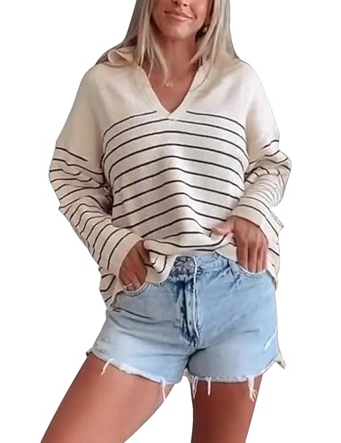 kayamiya Women's Polo V Neck Sweater Top Cable Knit Casual Fall Oversized Striped Pullover Sweaters