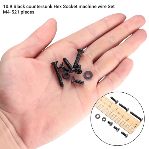 521 Stück M4 Schrauben Set, M4 Senkkopfschrauben Set, Flachkopf Innensechskantschrauben Muttern Set, Maschinenschrauben mit Muttern und Unterlegscheiben Set Schwarz, Gewindeschrauben und Muttern Set
