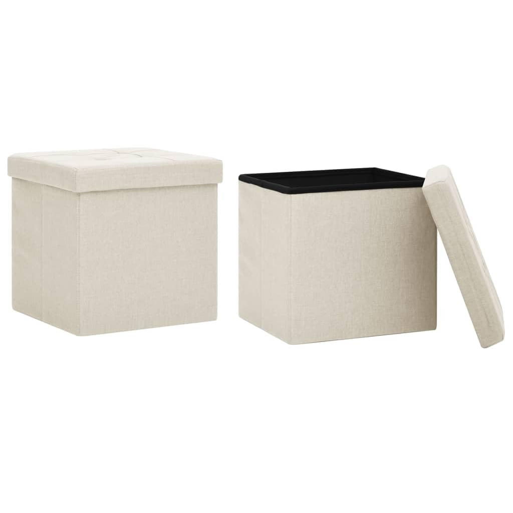 Juego de 2 taburetes plegables con espacio de almacenamiento, taburetes con tapa en color blanco crema, caja de almacenamiento plegable, aspecto de lino, 38 x 38 x 38 cm