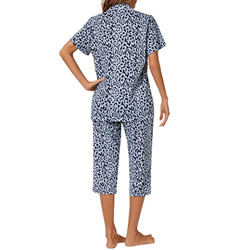 Image of Tugege Capri Pajamas Set Womens Button Down Short Sleeve Lounge Sets Sleepwear Notch Collar Top & Capri 2 Piece PJ Sets