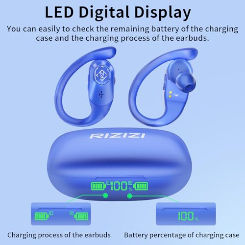 RIZIZI Wireless Earbuds Bluetooth Headphones Wireless Charging Case LED Display 96H Playtime Built in Mic Over Ear Buds Waterproof Earphones with Earhooks Deep Bass for Sport Running Workout Game PC
