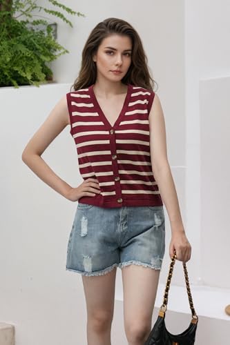 Image of Women's Striped Sweater Vest V-Neck, Fall 2025 Lightweight Cotton 100%, Vintage Button Cardigan Style Layering Staple for Turtlenecks & Jeans 18 Red L