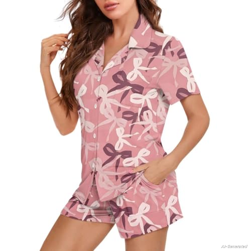Image of Renewold Button Down Womens Pajama Set Short Sleeve Loungewear Bow Nightwear Sleepwear Night Suit Tops Shorts 2 Pieces