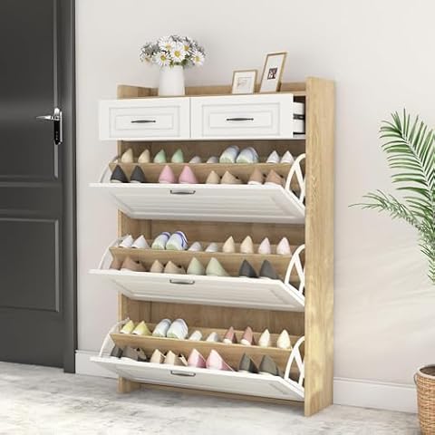 Voohek Narrow Slim Shoe Storage Cabinet with Deppened Flip Drawers, Adjustable & Removable Panel, Spacious Top, Large Capacity, Space Saving, for Entryway Hallway, White+Oak Cover