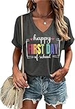 Happy First Day of School Shirt for Teachers Womens Teacher Life V Neck Tshirt Funny Back to School Graphic Tee Spring Casual Tops(M,Dark Grey-L)