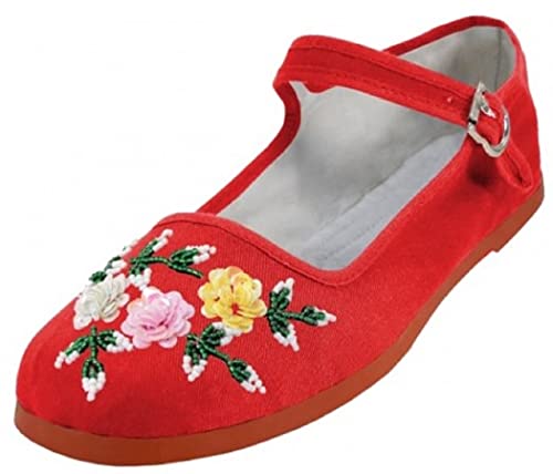 Shoes 18 Womens Cotton China Doll Mary Jane Shoes Ballerina Ballet Flats Shoes 11 Colors (8, 114 Red Embroidered)