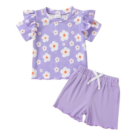 Tiny Cutey Toddler Baby Girl Clothes Infant Summer Cute Flower Print Outfit Ruffled Short Sleeve T-Shirt and Shorts 2Pcs Set(Purple,18-24M) Cover