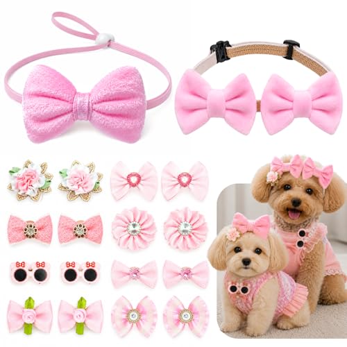 ZJO Dog Hair Bows for Small Dogs, Adjustable Dog Bow Headband with Soft Lace, Pink Pet Hair Accessories for Small Dogs, 2 Headbands and 16 Bows