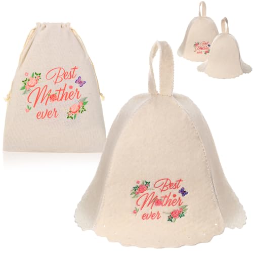 Chicingyou 2 Pcs Sauna Hat for Women Best Mother Ever Sauna Hat Cap Wool with Storage Bag Portable for Spa Steam Room Bathhouse Essential Accessories
