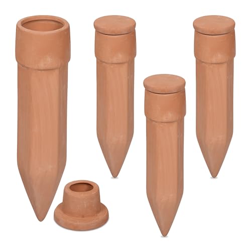 Relaxdays Tonkegel Bewässerung, 4er Set, Bewässerungshilfe mit Deckel, für 1,5 l Flaschen, Pflanzengießhilfe, terrakotta