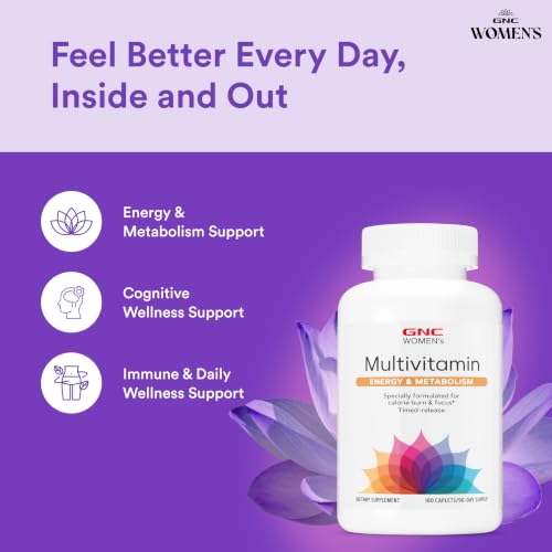 Image of GNC Women's Energy and Metabolism Multivitamin Caplets, Clinically Proven, Calorie Burn, Focus, 100mg Caffeine, Active Nutrition, Immune, Bone, Beauty, Iron, Biotin, Timed Release, 180 ct, 90 svgs