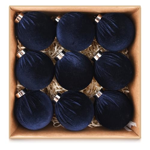 Velvet Ornaments for Christmas Tree Decorations - Navy Blue Xmas Ball Ornament for Indoor Holiday Decor - Shatterproof Christmas Bulbs Ornaments 80mm 3.15inch - Pack of 9