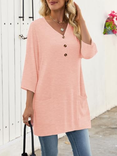 Chulianyouhuo Women's 3/4 Sleeve Tunic Tops Button V Neck Casual Long Shirts Loose Fit Clothes with Pockets(Pink L) — view 3