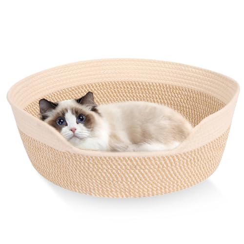 GOMETY Katzenbett 50cm Waschbar, Rundes Katzenkorb aus Baumwollseilen, Geflochtenes Katzenbettchen für Katzen & Kleine Hunde, Weiches Haustierbett...