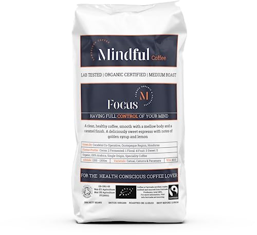 Mindful Coffee - Focus 250g| Organic Clean Ground Coffee| Lab Tested - Mycotoxin Free| Freshly Roasted |Single Origin Speciality|Cafetiere Grind