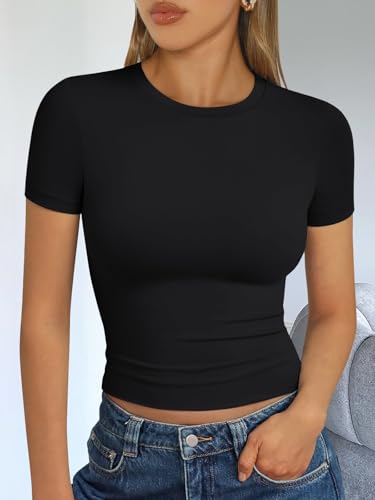 Foto de Trendy Queen - Camisetas básicas para mujer, camisetas de verano 2025, de manga corta, ajustadas, para gimnasio, entrenamiento, ropa estilo Y2K (imagen 7)