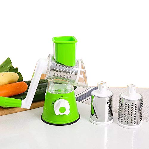 Cortador de vegetales rotativo manual con 3 rebanadoras rotativas de acero inoxidable, cortador de tambor, rebanador intercambiable, cortador de vegetales multifunción para ensalada de col y queso