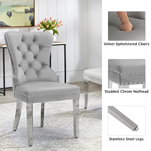 Foredo Luxurious Velvet Stainless Steel Legs Dining Chairs, Fashionable Nailhead Around And Deep Button Tufted Back, Set Of 2, Light Grey #TOP3
