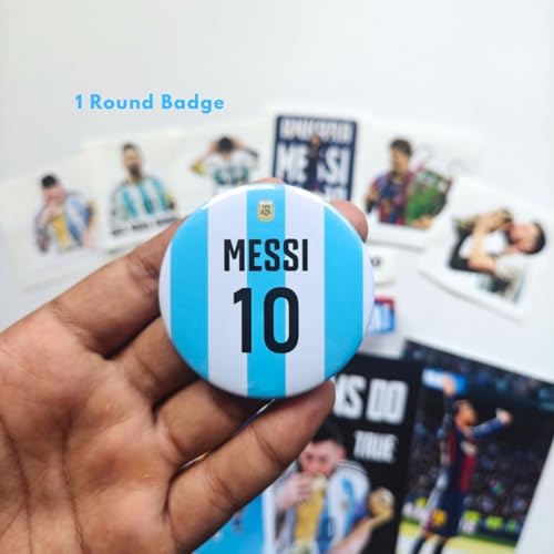 Image of TenorArts Lionel Messi Gift Box Merchandise for Fans - 5x7 Inches Laminated Photo Frame,1 Messi Keychain, 1 Badge, 4 4x6 inches Sized Posters, Multi sized Stickers - 5 items in 1 Box | Perfect for Gifting Football Fans