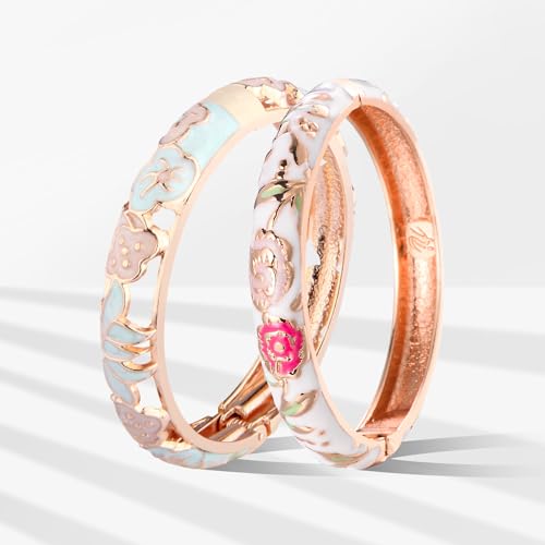 UJOY Cloisonne Bracelet Lotus Flower Gold Plated Cuff Bangle Enameled Jewelry Bracelets Gift for Women Pack in Case 88B162