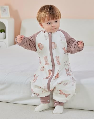Chilsuessy Baby Winter Schlafsack 3.5 Tog Babyschlafsack mit Füssen Strampler Winterschlafsack mit abnehmbar Ärmel Schlafanzug Kinder Schlafsack, 3.5 Tog/Süßer Hund, L/Baby Höhe 95-105cm