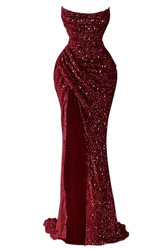 Mermaid Sparkly Sequin Prom Dresses for Women 2024, Long Strapless Formal Cocktail Party Evening Gowns with Slit
