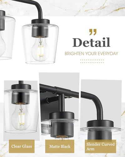 Image of 3-Light Matte Black Bathroom Light Fixtures, AD-22004-3W-BK-C | Bathroom Vanity Lights Over Mirror with Clear Glass, Modern Vanity Lighting Fixtures