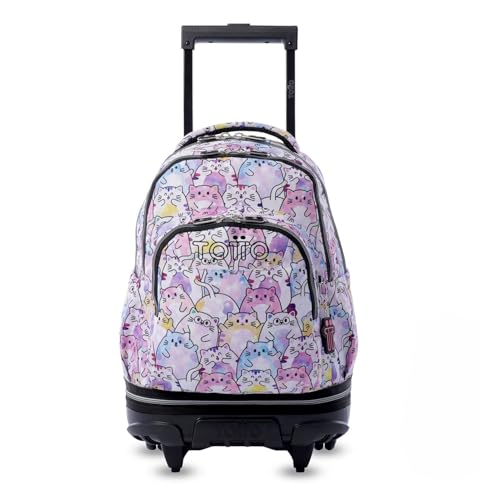 TOTTO - Mochila Escolar con Ruedas Desmontables, Modelo Tiza Glitter, Capacidad 26 L, Mochila PC 15.4", Bolsillo Botella, Manija Telescópica, Espaldar Ergonómico y Correas en S, Estampado Paws Rosa
