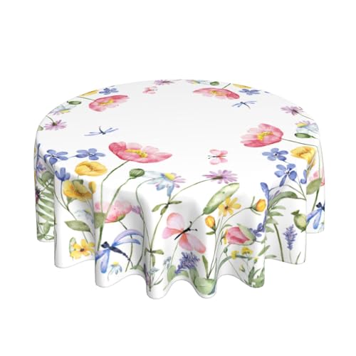 AGAYNA Spring Tablecloth Round 60 Inch Colorful Flower Table Cloth,Stain Resistance Polyester Butterfly Floral Summer Season Table Covers for Kitchen Dining,Small Tablecloth for Party Picnic