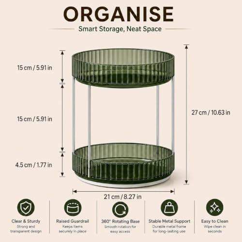 Image of MECHDEL Makeup Organiser Box with Drawers, Perfume, Cosmetic and Skincare Storage Stand, Dressing Table Organiser for Lipstick, Nail Polish (360 Rotating-Transparent Green, 2 Tier)