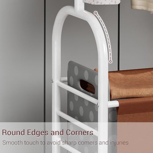 Image of Lukzer | MGR-009 | White | Metal Clothes Rail Stand with 360 Rotating Wheels & Leather Storage Bin - 4 Hook Metal Garment Rack Organizer for Closet, Laundry Room, Bedroom & Dorm | 171 x 75 x 35 cm