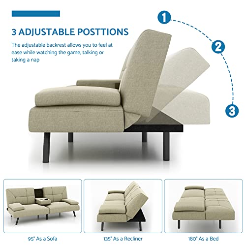 Liferecord Futon Sofa Bed Modern Linen Fabric Convertible Folding Lounge Couch Daybed For Living Room With 2 Cup Holders, Removable Soft Armrest And Sturdy Metal Leg, Khaki #TOP2