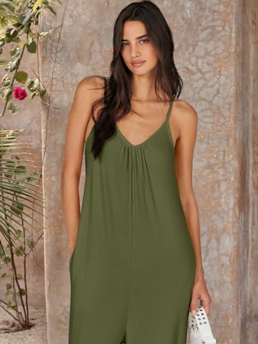 Image of ANRABESS Women Jumpsuits 2026 Casual Sleeveless Spaghetti Strap Boho Wide Leg Rompers Summer Outfits Beach Vacation Clothes