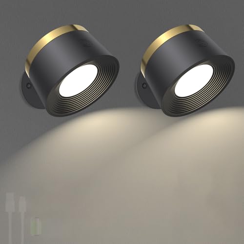 Luz de pared interior LED regulable con mando y batería de 360 grados negra paquete de 2
