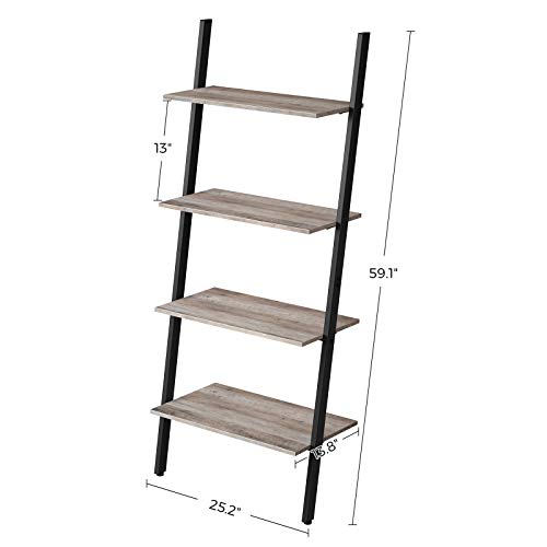 VASAGLE ALINRU Ladder Shelf, 4-Tier Bookshelf, Storage Rack Shelves, for Living Room, Kitchen, Office, Steel, Stable, Sloping, Leaning Against The Wall, Industrial, Greige and Black ULLS043B02