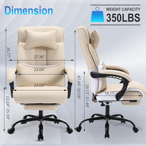 Image of Fully Reclining Office Chair with Foot Rest, Ergonomic Executive Office Desk Chair with Lumbar Support and Headrest, 170 Reclining Recliner High Back Home Leather Computer Chair, Beige